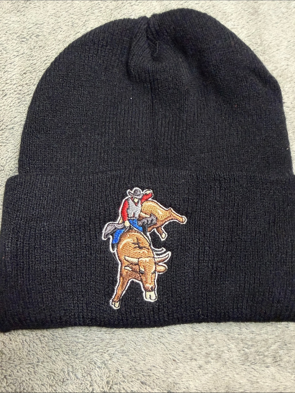 Black Knit Beanie with Bull Rider Patch